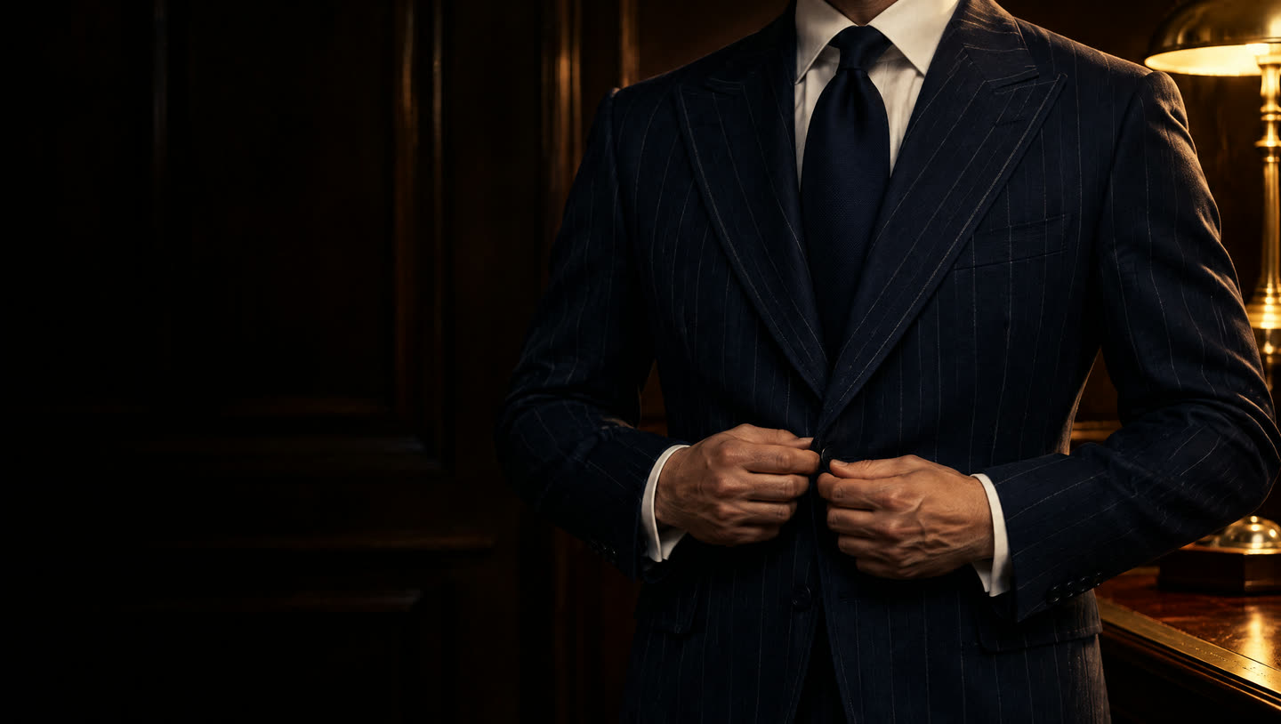 Hombre con traje azul noche de raya diplomática abrochándose la americana, sin que se le vea la cara